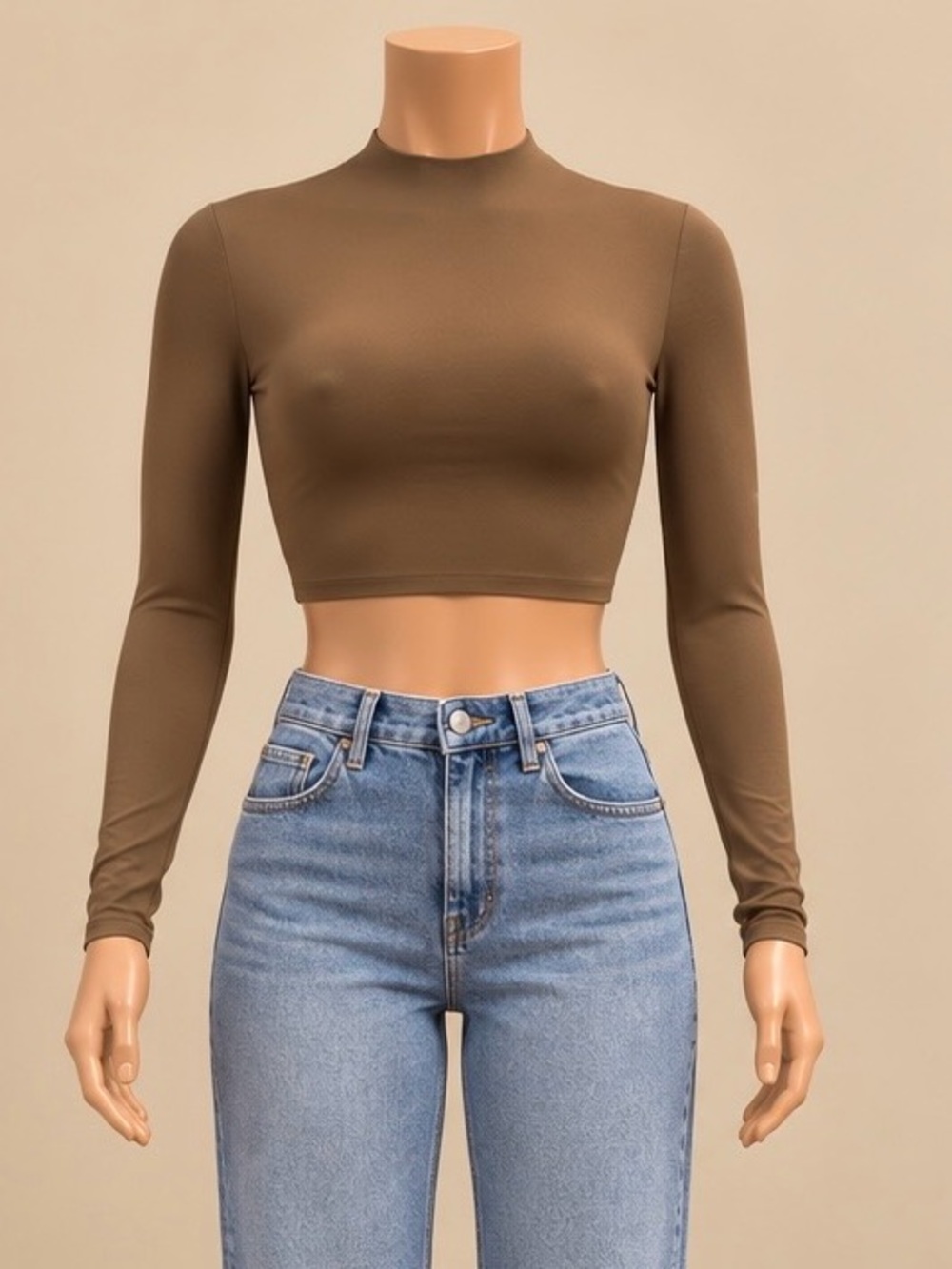 White Fox Boutique Taupe Brown Double Layer Mock Neck Crop Top S NWOT